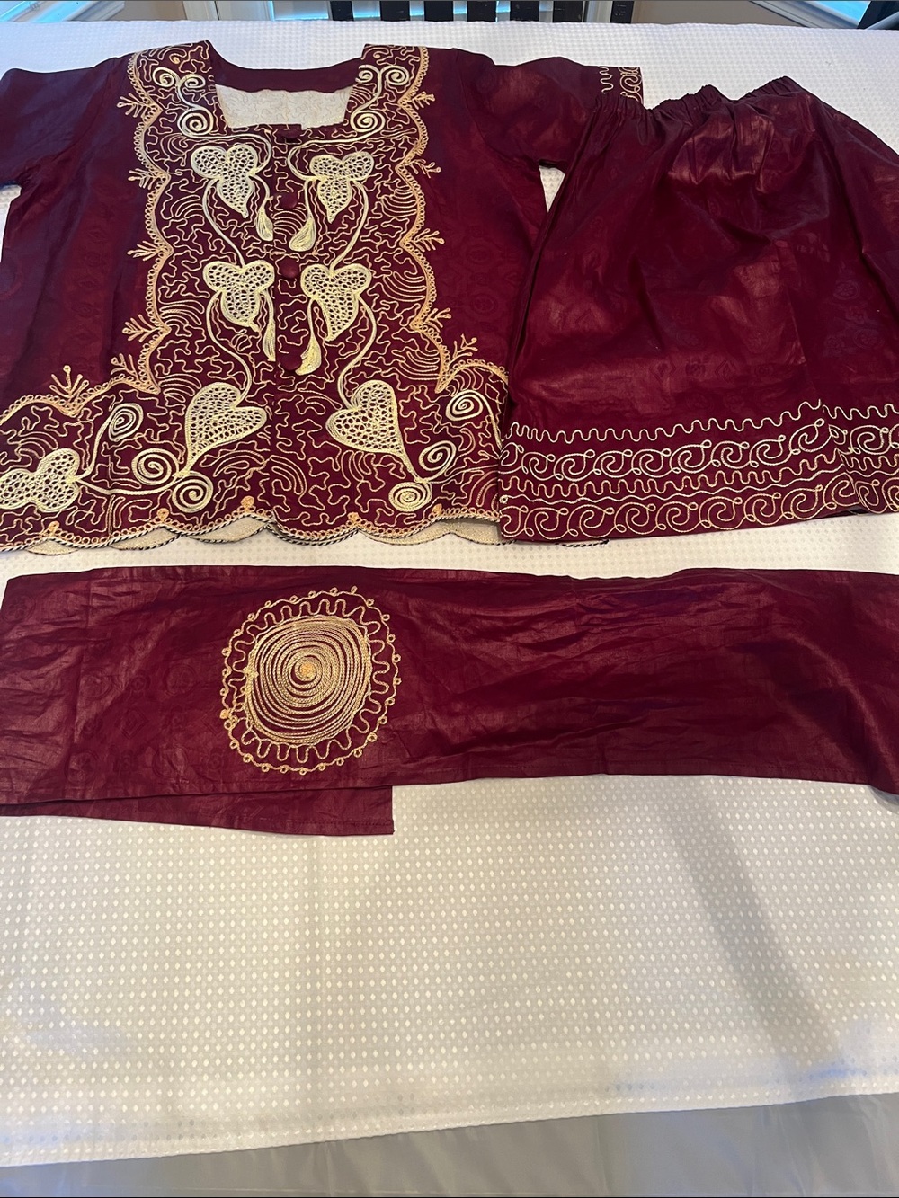 Women's African Embroidered Maroon Skirt Set with Cream Accents with Wrap headsc